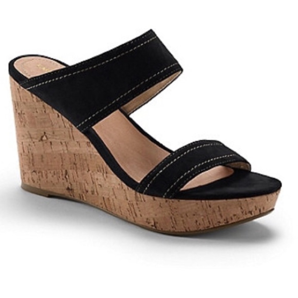 LANDS END Black Suede Wedge Sandals Ladies Size 7